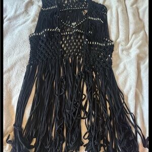 Black Crochet Fringe Vest
